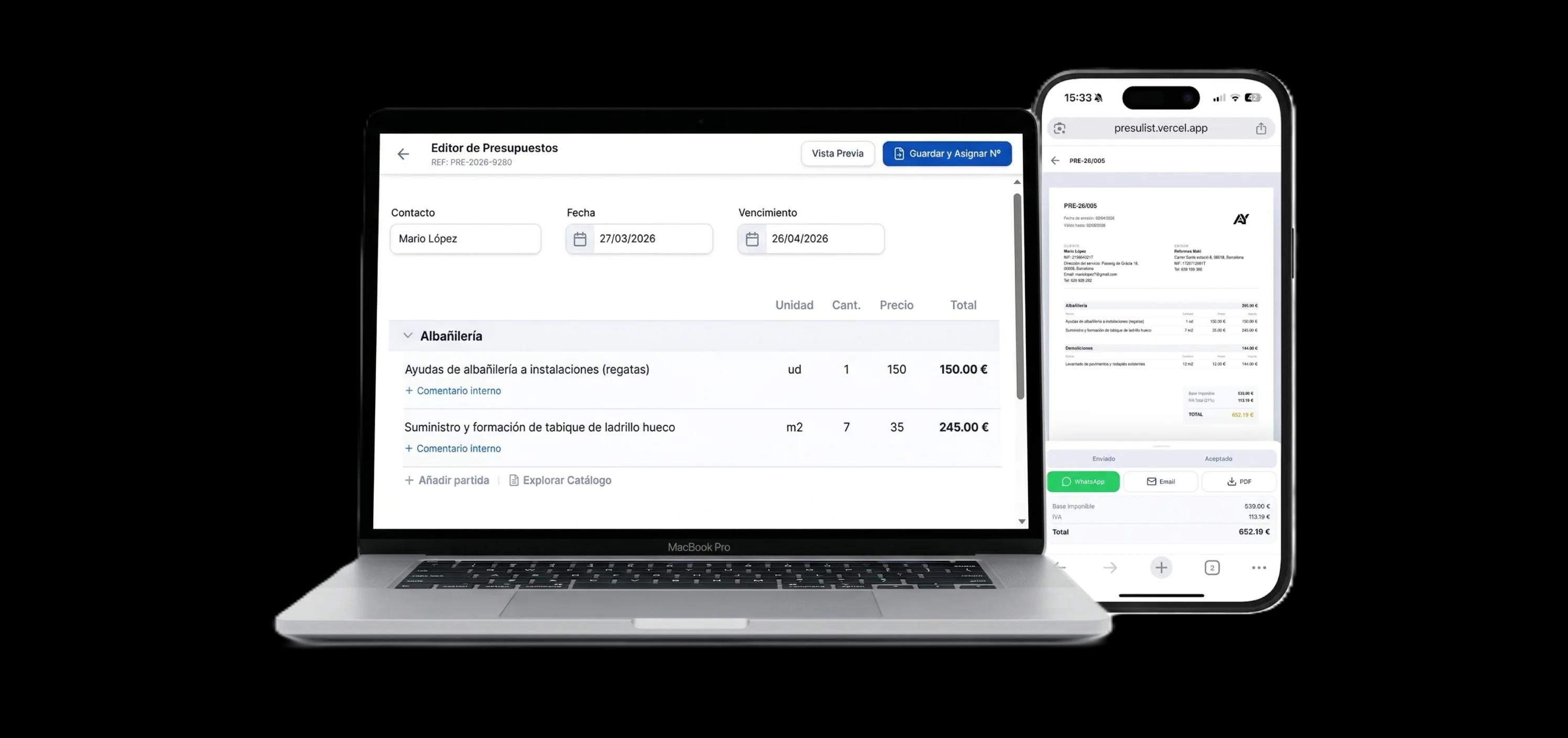 Presulist - Vista de la aplicación